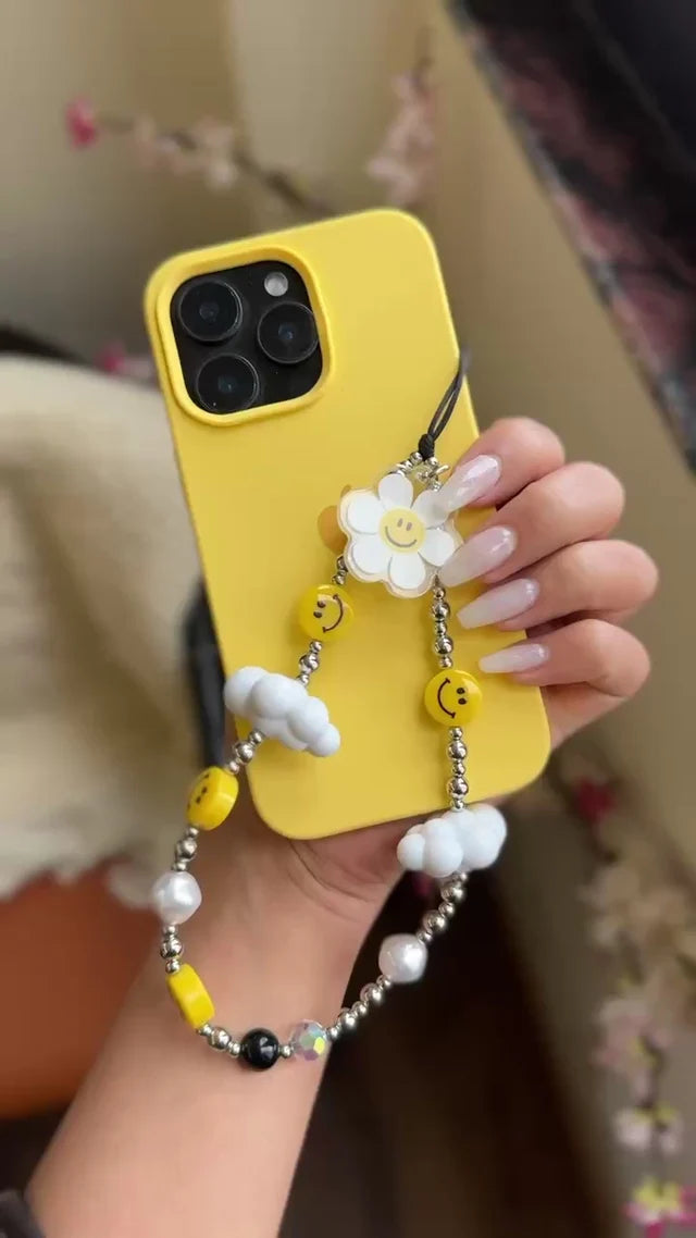 Smiley Flower Beaded Phone Charm Strap – Yellow & White