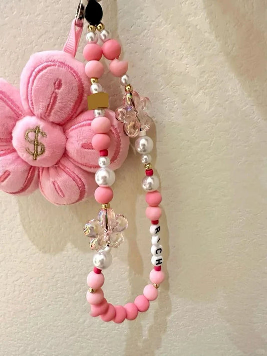 Pink Flower Plush Charm with Beaded Phone Strap