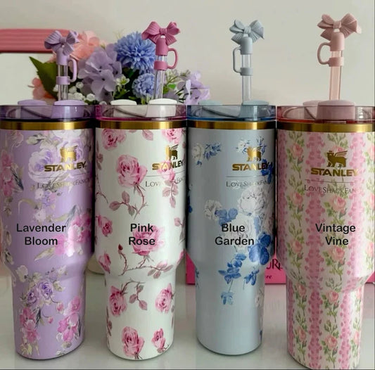Floral Tumblers With Bow Straw Lid